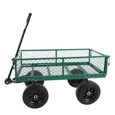 FURNIinspire Wheelbarrows And Lawn Carts Solid Wheels Tools Cart Wagon Cart, Metal Lawn Cart For Picnic, Shopping, Green, 37“*19"*45"
