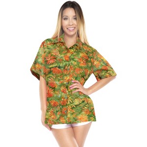 LA LEELA Women's Summer Casual Beach Hawaiian Blouses Shirt T-Shirt Blouse Short Sleeve Button Up Dress Tee Shirts Tops for Women S Spring Leaves, - 1 of 4