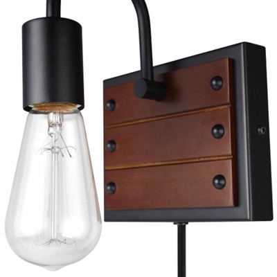 Matte Black Industrial Wall Sconce with Faux Wood Accent