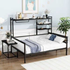 Full-Size Metal Daybed with Portable Desk, Metal Grid Support, Shelves, and Garment Hanger - 1 of 4