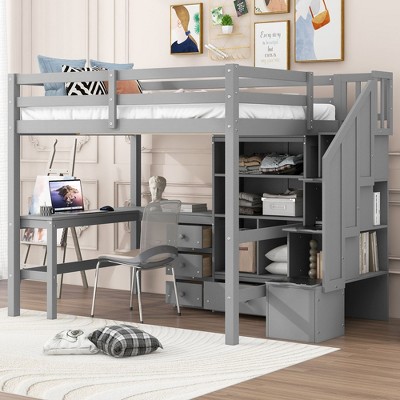 CAVINAS Twin Size Loft Bed Modern Pine Bed Frame with L-Shaped Desk, Drawers and Storage Stairs for Bedroom