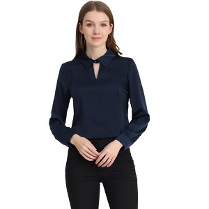 INSPIRE CHIC Women's Satin Long Sleeve Keyhole Collared Blouse - 1 of 4