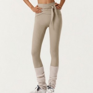 Anna-Kaci Active Women's Ribbed Knit High Waist Leggings with Wrap Tie Waistband and Contrast Cuffed Hem - 1 of 4