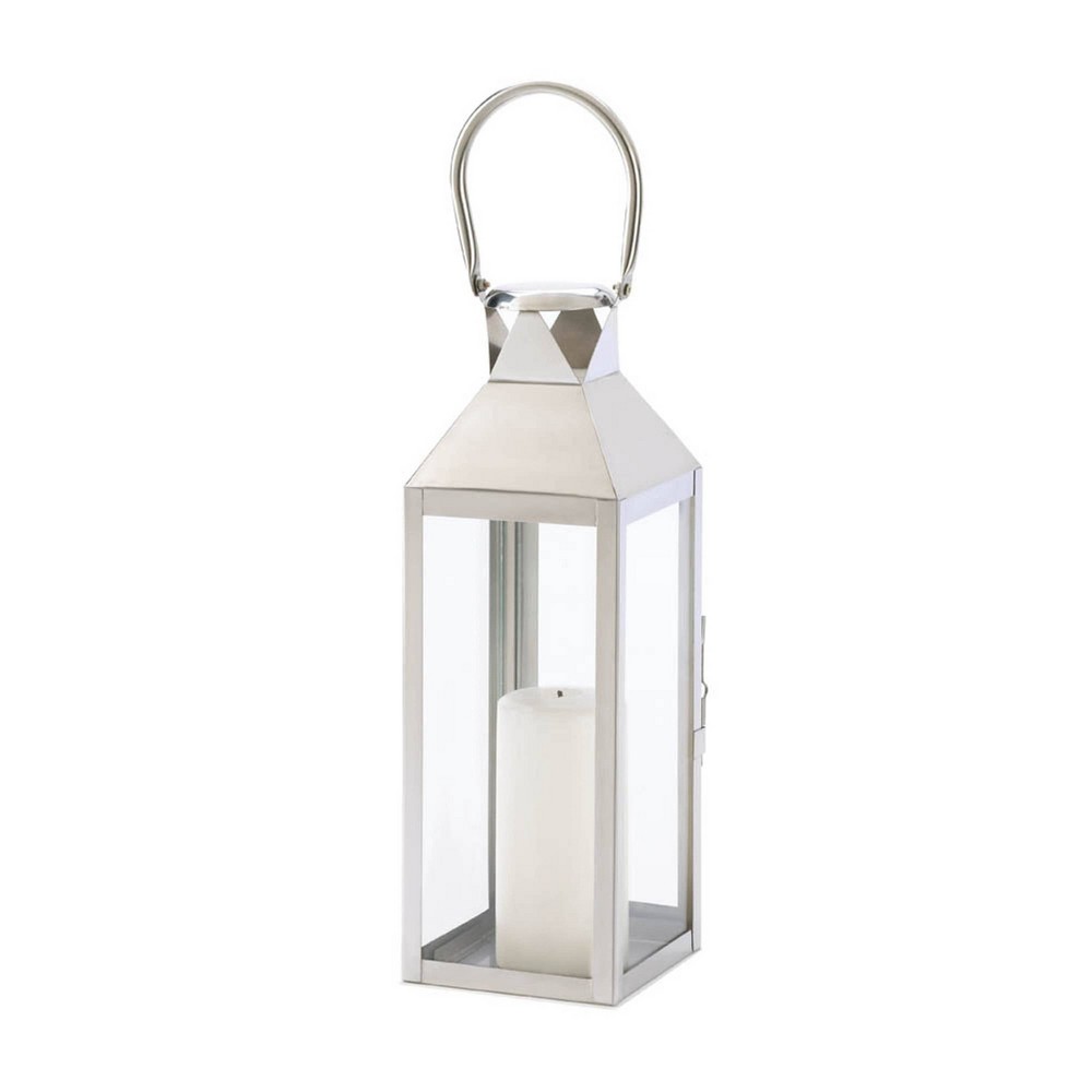 15" Metal Manhattan Outdoor Lantern Off-White - Zingz & Thingz: Nickel-Plated, Candle Spike, Tabletop Display
