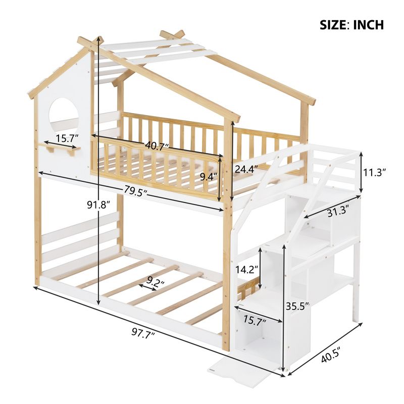 House Shape Twin-Over-Twin Double Bunk Bed with Storage Stairs - ModernLuxe, 3 of 11