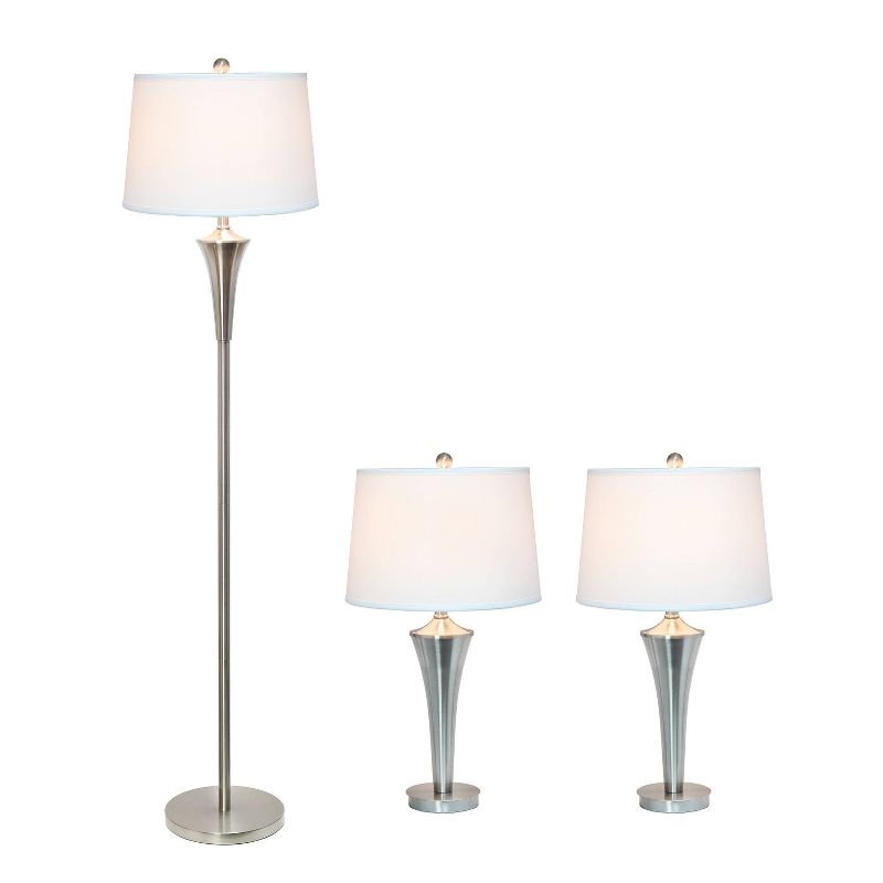 Set of 3 Tapered Lamp Set (2 Table Lamps and 1 Floor Lamp) with Shades Metallic Silver/White - Elegant Designs: Modern Brushed Nickel, 3 of 11