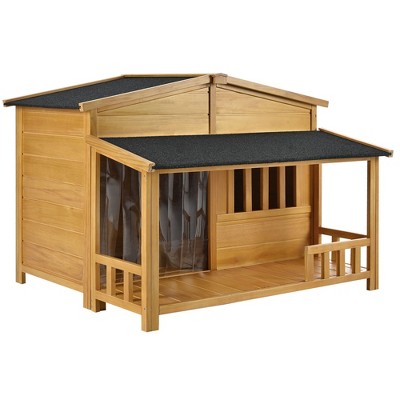 Gulches 47.2" Wooden Dog House, Outdoor & Indoor Dog Crate, Pet Kennel With Porch, Solid Wood, Weatherproof, Medium, Nature