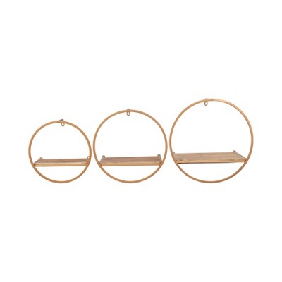 Sagebrook Home Set of 3 Round Wall Shelves Metal Wood Wall Decor Storage Brown Bronze 11"/13"/15"