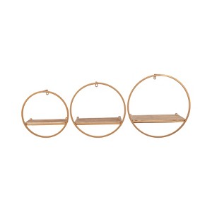 Sagebrook Home Set of 3 Round Wall Shelves Metal Wood Wall Decor Storage Brown Bronze 11"/13"/15" - 1 of 4
