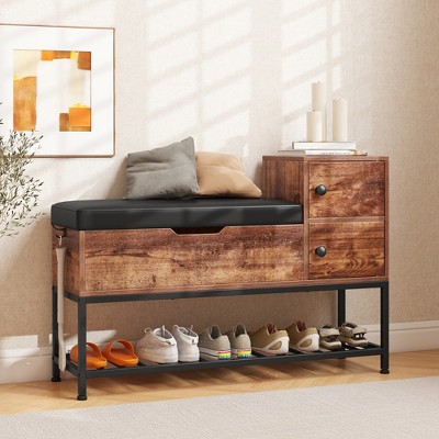Rustic Brown and Black Entryway Bench with Storage and Shoe Rack