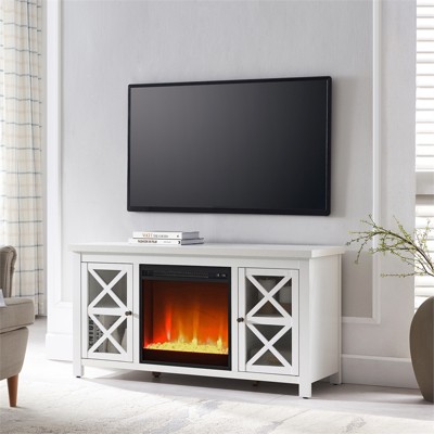 White 47 Inch TV Stand with Electric Fireplace and Glass Doors