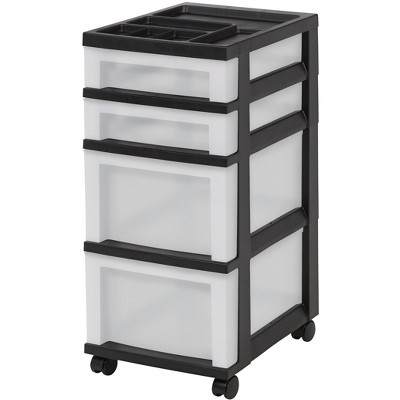 IRIS USA 4-Drawer Storage Rolling Cart with Organizer Top, Black/Pearl