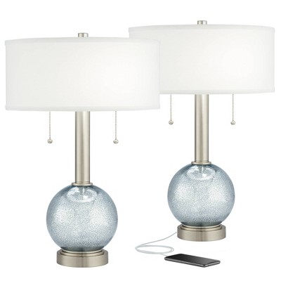 Possini Euro Design Modern Table Lamps Set of 2 with USB Charging Port Nickel Blue Crackled Glass White Fabric Drum Living Room