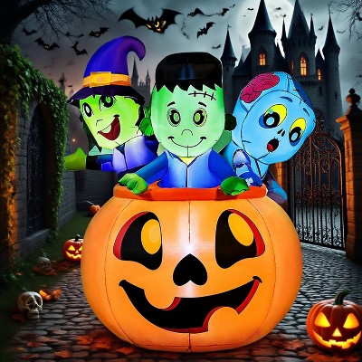 Joyfy 5 FT Tall Halloween Inflatables Outdoor Decorations, Inflatable Witch and Zombie on Pumpkin with LEDs for Halloween Party Yard Lawn Garden Decor