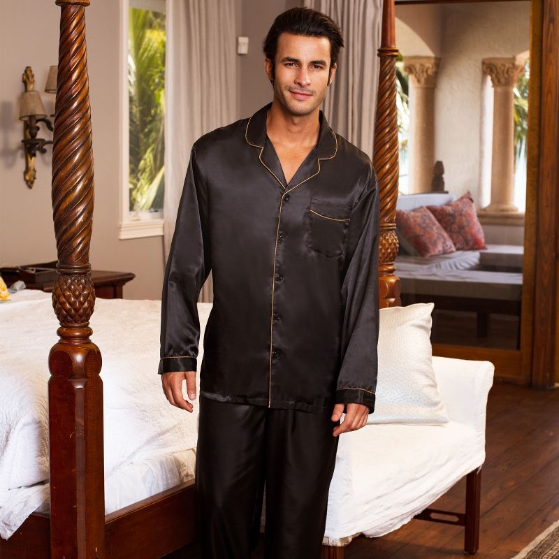 ADR Men's Classic Satin Pajamas Lounge Set, Long Sleeve Top and Pants with Pockets, Silk like PJs with Matching Sleep Mask, 5 of 7