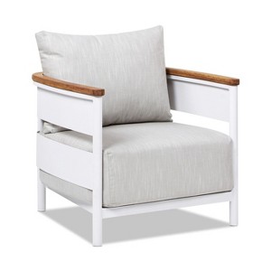 Jennifer Taylor Home Rhodes 29" Upholstered Teak & Aluminum Patio Arm Chair, Birch Gray Chenille - 1 of 4