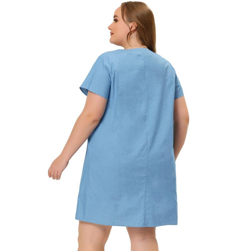 Agnes Orinda Women's Plus Size Solid Pleat Short Sleeve V Neck Chambray A Line Dresses, 4 of 6