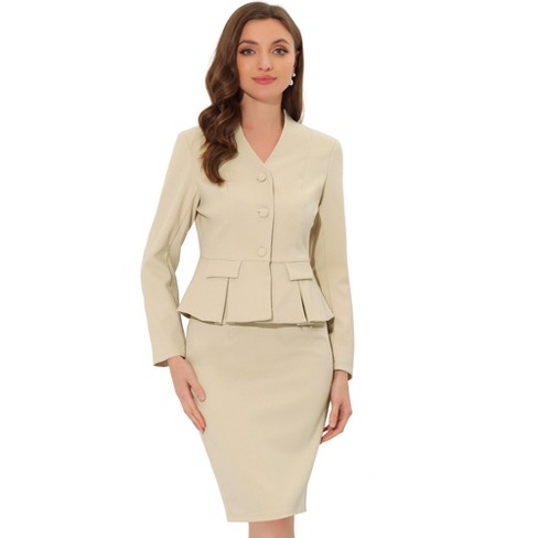 Allegra K Women s Long Sleeve Collarless Peplum Blazer and Pencil Skirts Suit Set 2 Pcs Beige Large