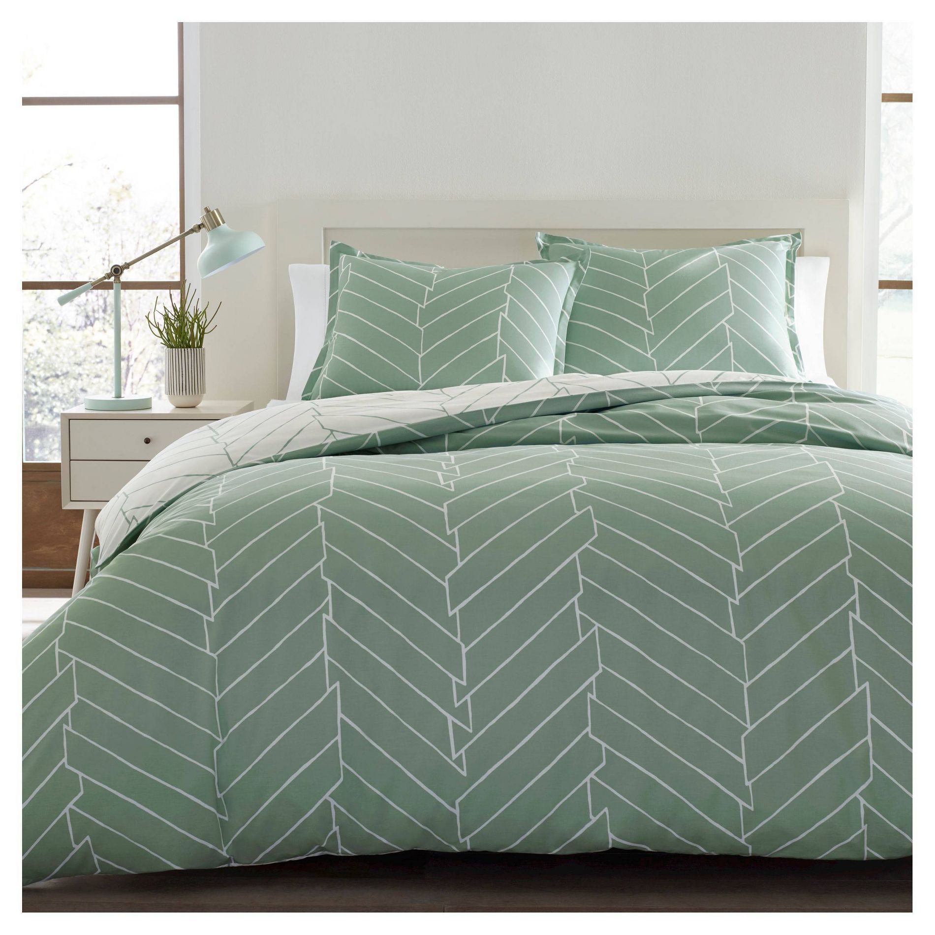 City Scene 2pc Twin Ceres 100% Cotton Duvet Cover Set Light Green: Reversible, Geometric Pattern, OEKO-TEX Certified