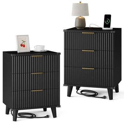 Gikpal Fluted Night Stands for Bedroom, Modern Bedside Table with 3 Drawers & Charging Station, Fluted Panel End Tables for Bedroom & Living Room