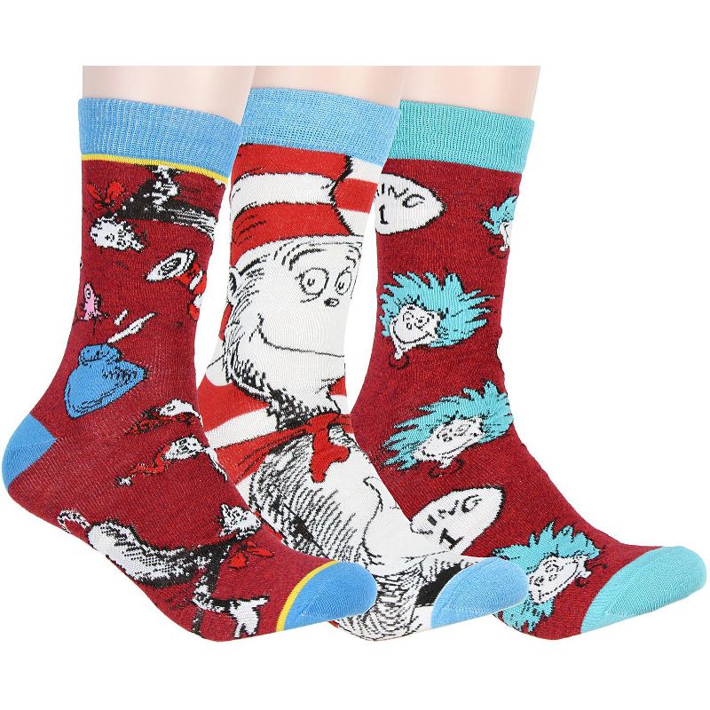 Dr. Seuss Socks Adult Cat In The Hat Thing 1 Thing 2 3 Pack Mid-Calf Crew Socks Multicoloured, 1 of 6