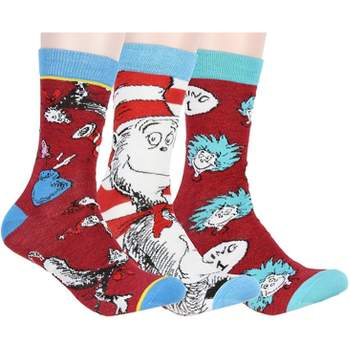 Dr. Seuss Socks Adult Cat In The Hat Thing 1 Thing 2 3 Pack Mid-Calf Crew Socks Multicoloured