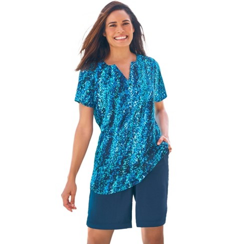 Swim 365 Women's Plus Size Split-Neck Short Sleeve Swim Tee With Built-In  Bra - 22, Blue