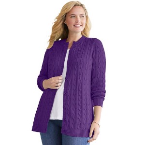 Woman Within Plus Size Cotton Cable Knit Cardigan Sweater - 1 of 4