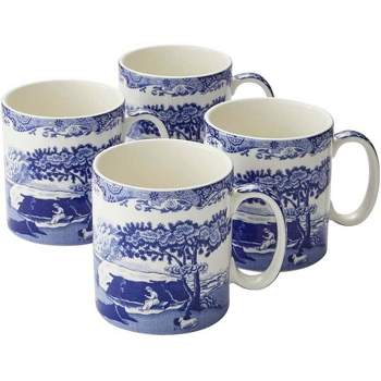 Spode Blue Italian Collection 9 Oz Mugs, Set of 4 Cups for Tea, Warm Beverages, and Coffee, Fine Porcelain, Blue/White