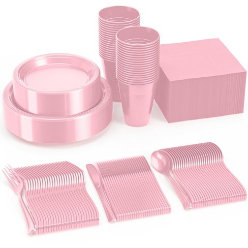 SparkSettings Pink Party Supplies Set, Serves 20 Guests, Disposable Dinnerware Set of 222 Pieces