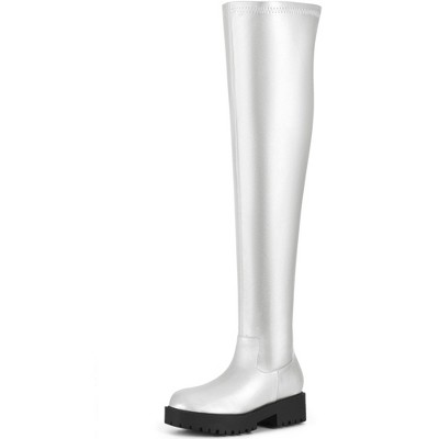 BLISSFUL STEP Women's Platform Round Toe Lug Sole Chunky Low Heel Over Knee High Boots