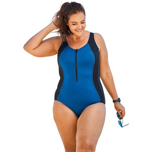 Swim 365 Women's Plus Size Zip-Front One-Piece with Tummy Control, 16 -  Black Dream Blue