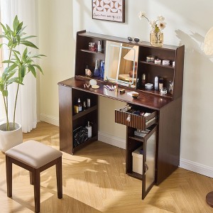 Gulches Elegant makeup vanity desk with 3 modes Adjustable Lighted Mirror,modern dressing table set with large shelves, drawer and canbinet,Walnut - 1 of 4