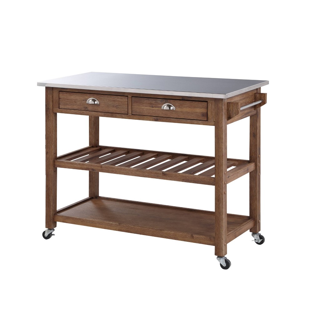 Sonoma Kitchen Cart with Stainless Steel Top Wire Brush Barnwood Brown - Boraam: Mid-Century Modern, 2 Drawers, 2 Shelves