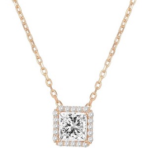 14K Gold Plated Solitaire Pendant Necklace with Halo, Adjustable Slider Chain for Women Rose Gold-Princess - 1 of 4
