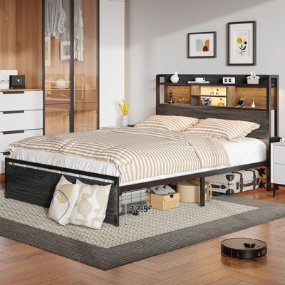 Queen Size LED Metal Bed Frames Built-In Charging, Platforrm Storage Bed Frames Under-bed Storage and Noise Free Design
