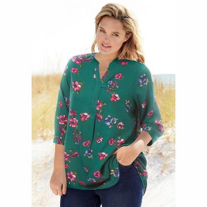 Woman Within Plus Size Rayon 7-Day Three-Quarter Sleeve Tab-Front Tunic - 1 of 4
