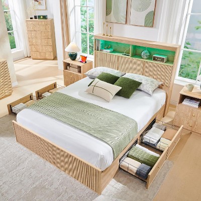 Queen Size Bed Frame with Headboard, Modern Wooden Platform Bed Frame with Lights & Charging Station & Drawers, No Box Spring Needed, Natural