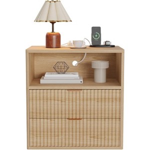 Fluted Farmhouse Night Stand with Charging Station, 23" Mid-Century Modern Nightstand, 2 Drawers End Table - 1 of 4