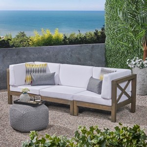 GDFStudio Keith 90.75" Outdoor Acacia Wood 3 Seater Sofa with Cushions - 1 of 4