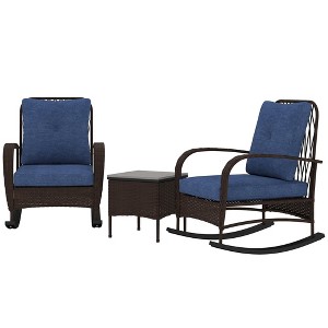 Aghana Digitals 3-Piece Outdoor PE Rattan Furniture: Rocking Chairs with Tufted Cushions, Square - 1 of 4