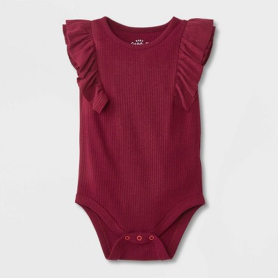 Image of Baby Girls' Rib Ruffle Short Sleeve Bodysuit - Cat & Jack™ Burgundy 0-3M