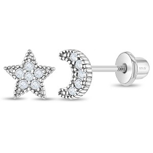 Girl's Star & Moon CZ Screw Back Sterling Silver Earrings - In Season Jewelry - 1 of 4