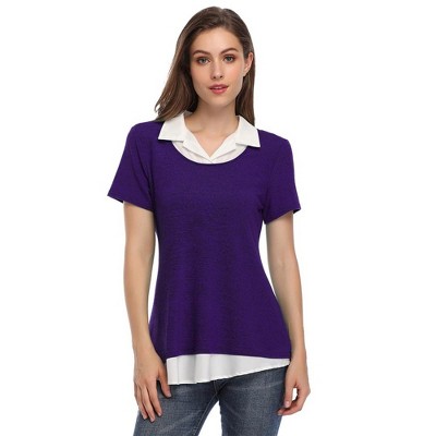 Women's Short Sleeve Contrast Collared Shirts Patchwork Work Blouse Tunics Tops