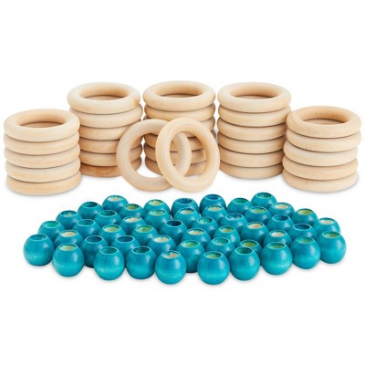 Bright Creations 80 Pcs Unfinished Wood Beads and Wooden Rings for Macrame, DIY Arts & Crafts Supplies, Teal