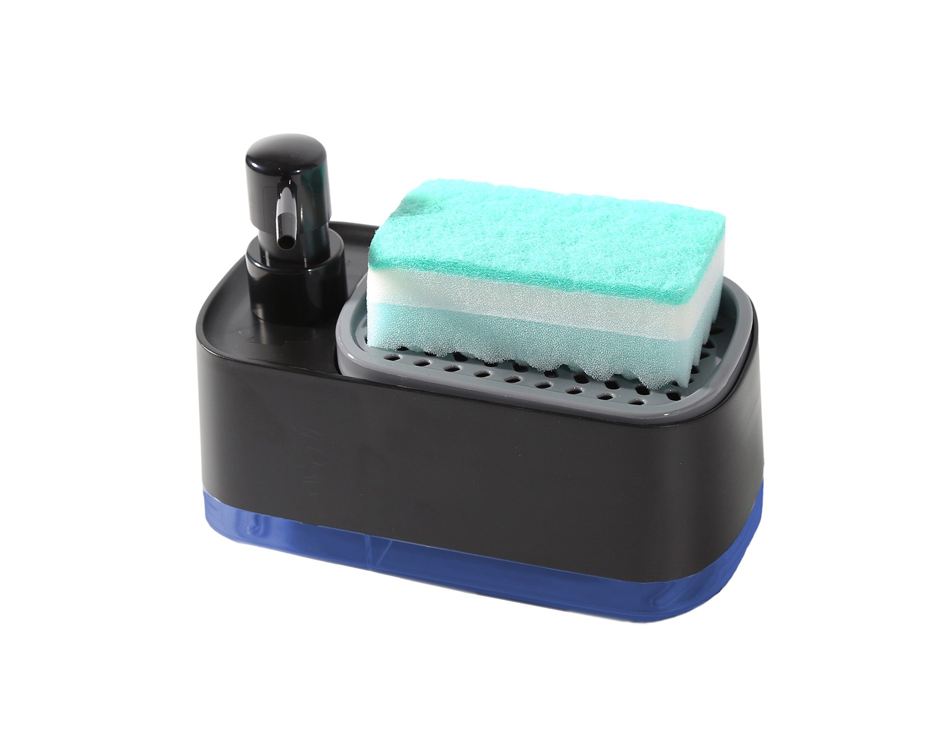 Trio Essentials Hand and Dish Soap Dispenser, Dual Soap Pump with Built-In Sponge Holder and Included Sponge, 3-in-1 Organizer for kitchen Sink