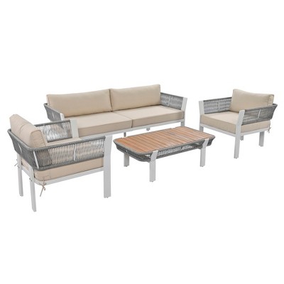 4/6 Piece Patio Sofa Sets With Coffee Table, 2 Chairs, Loveseat, 4 Cushions And Pillows, Woven Rope Conversation Set For Porch Backyard
