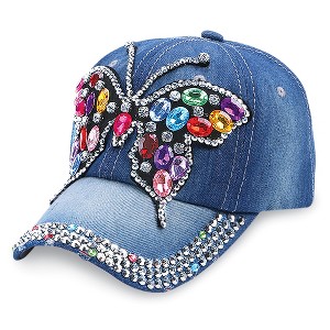 Collections Etc Sparkling Denim Butterfly Rhinestone Baseball Hat NO SIZE Blue - 1 of 3