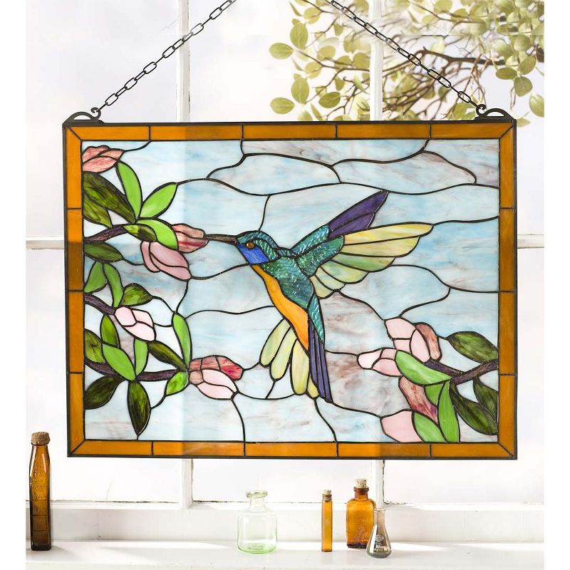 Wind & Weather Stained Glass Hummingbird Art Panel with Metal Frame and Chain, 2 of 9