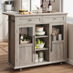 Foldable Kitchen Island Cart with Drop Leaf Top - 2 Glass Doors, Spice Rack, Towel Holder, Compact Mobile Cart with Wheels, for Kitchens, Dining Rooms - 1 of 4